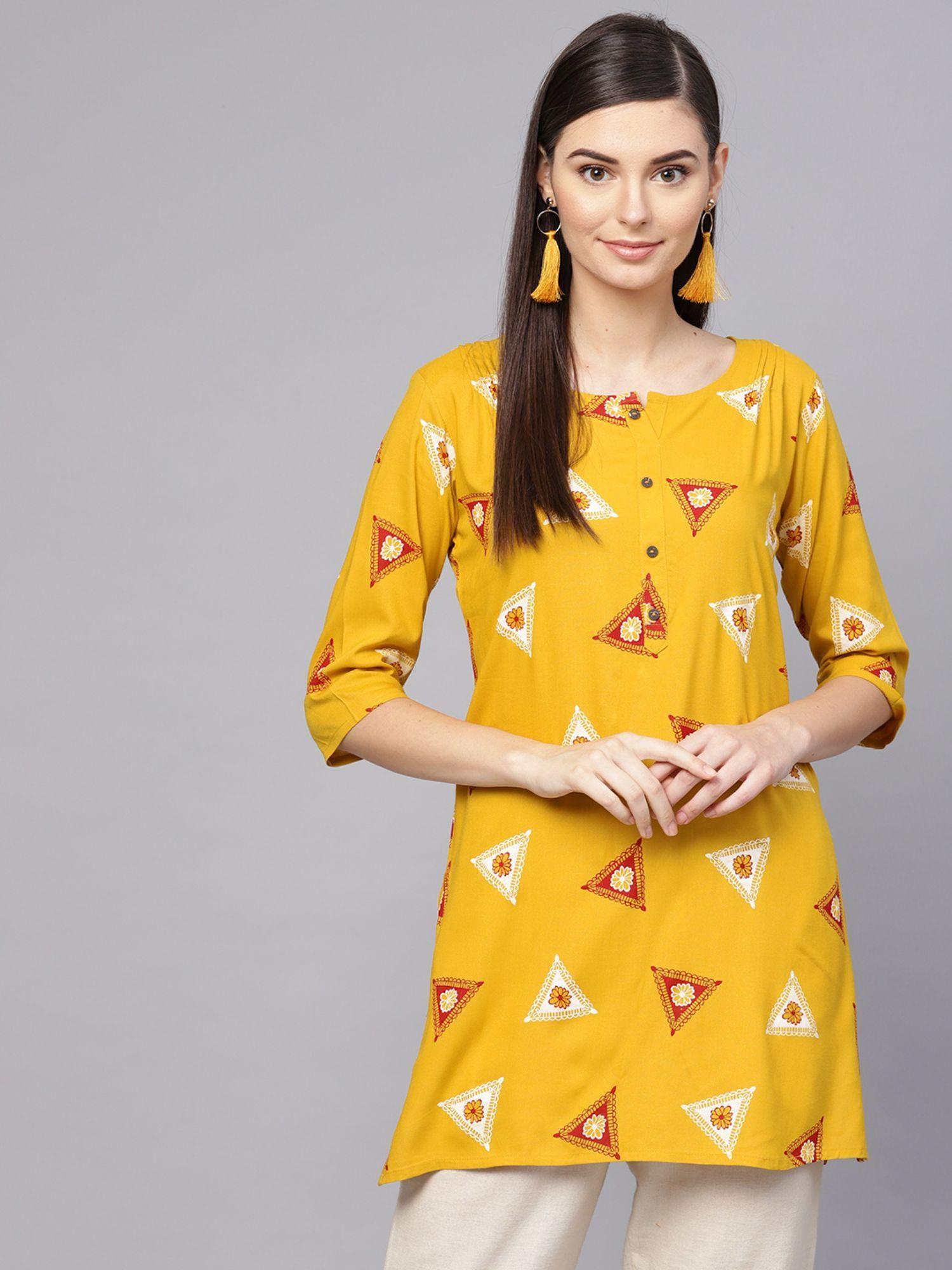 women mustard yellow maroon foil print straight kurti