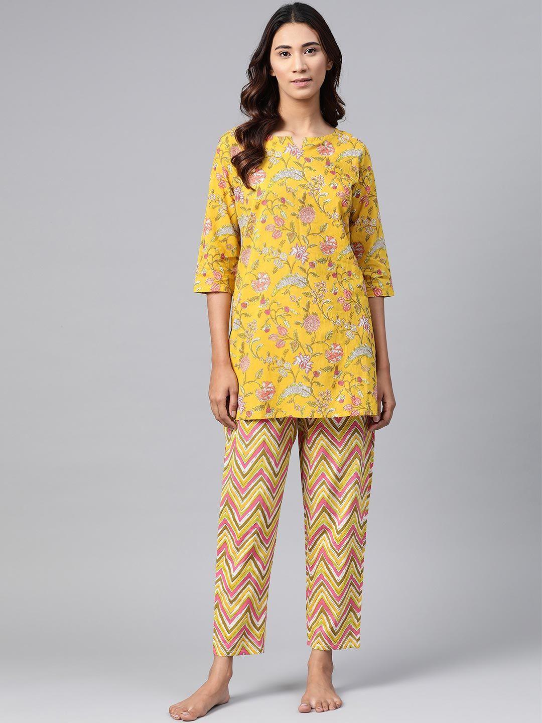 women mustard yellow pink pure cotton printed night suit (set of 2)