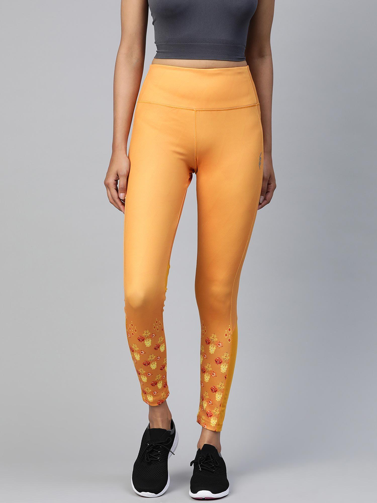 women mustard yellow printed detail high-rise tights