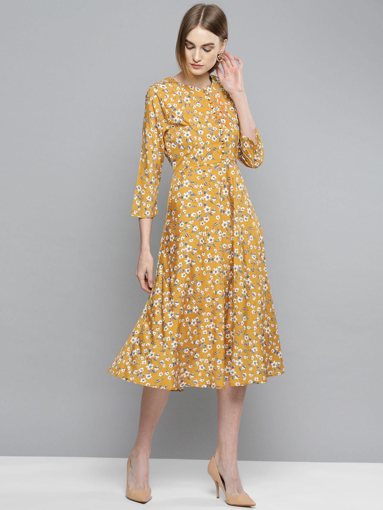 women mustard yellow printed fit & flare dress