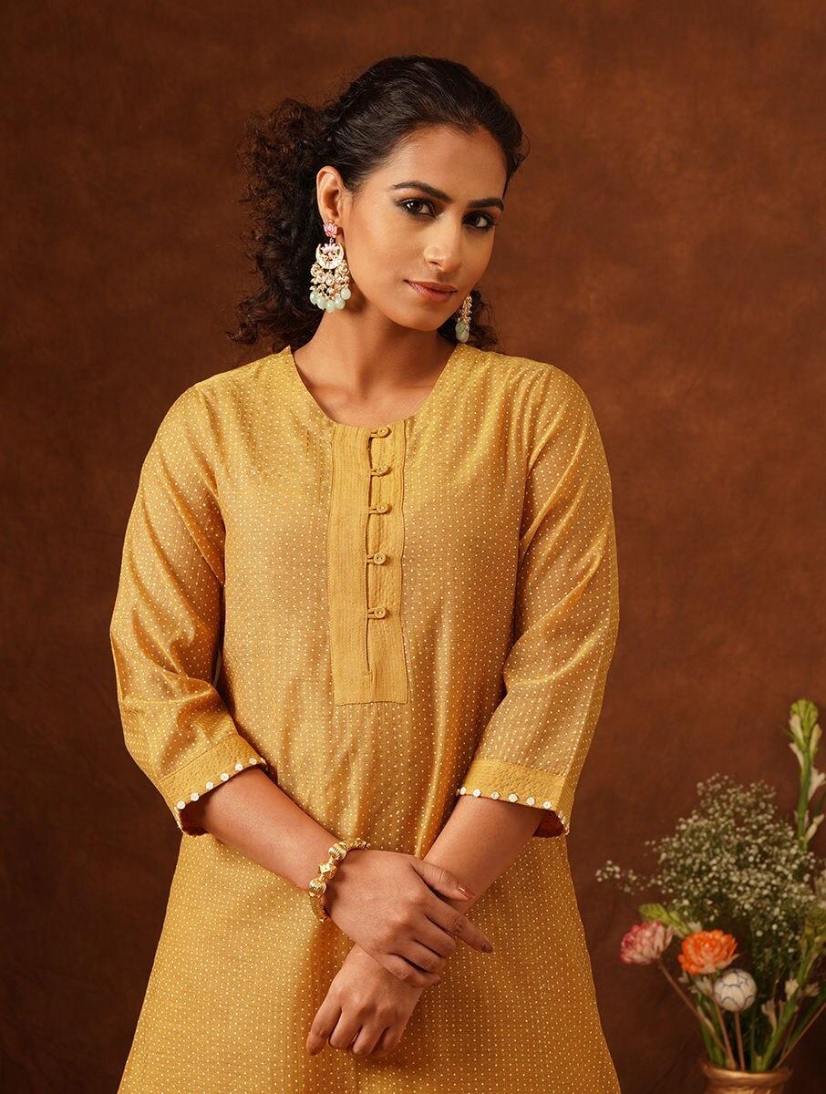 women mustard yellow printed round neck a line kurta and slip