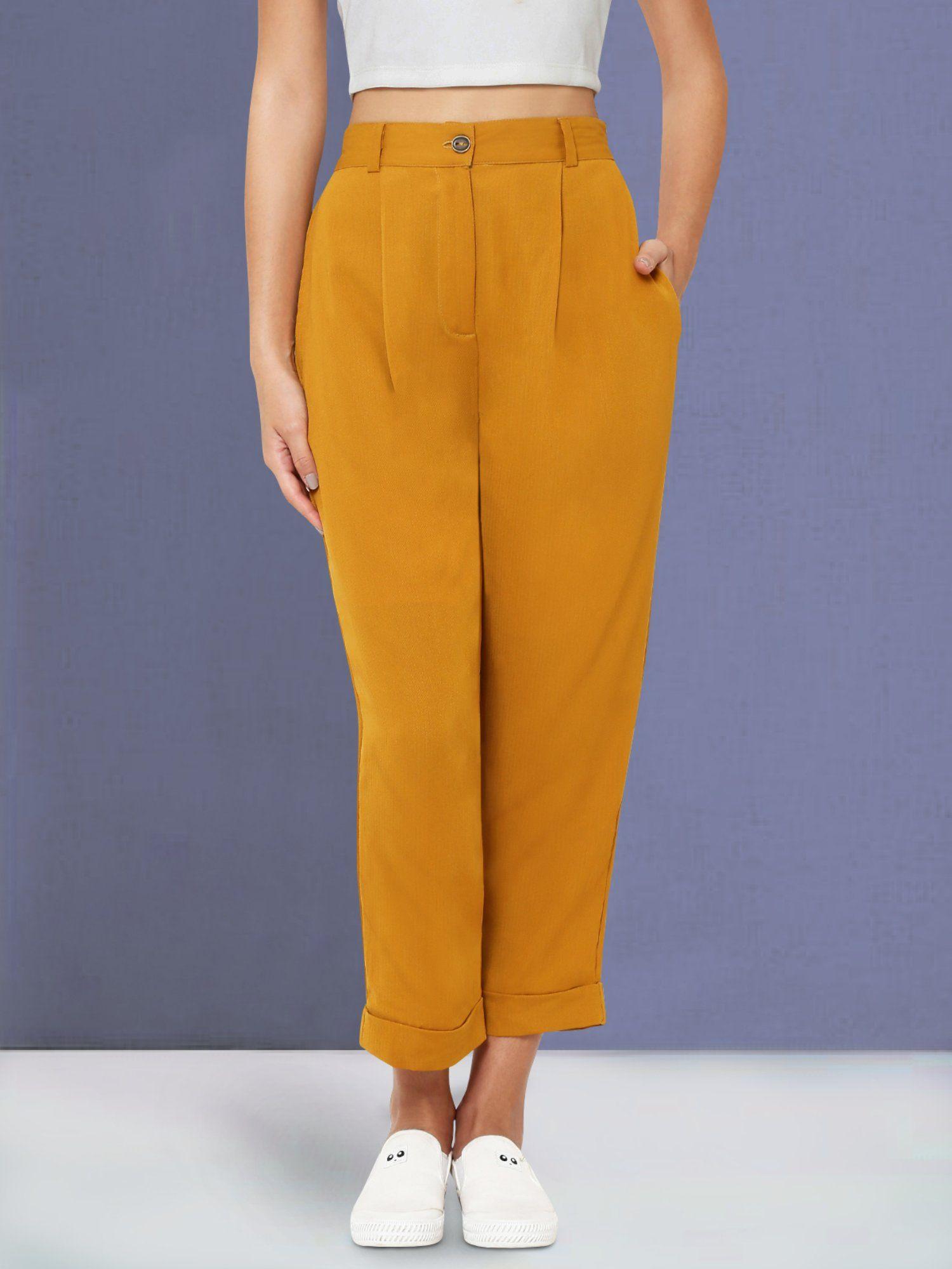 women mustard yellow turn up trouser