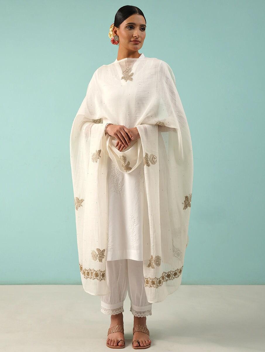 women natural white cotton silk chikankari dupatta