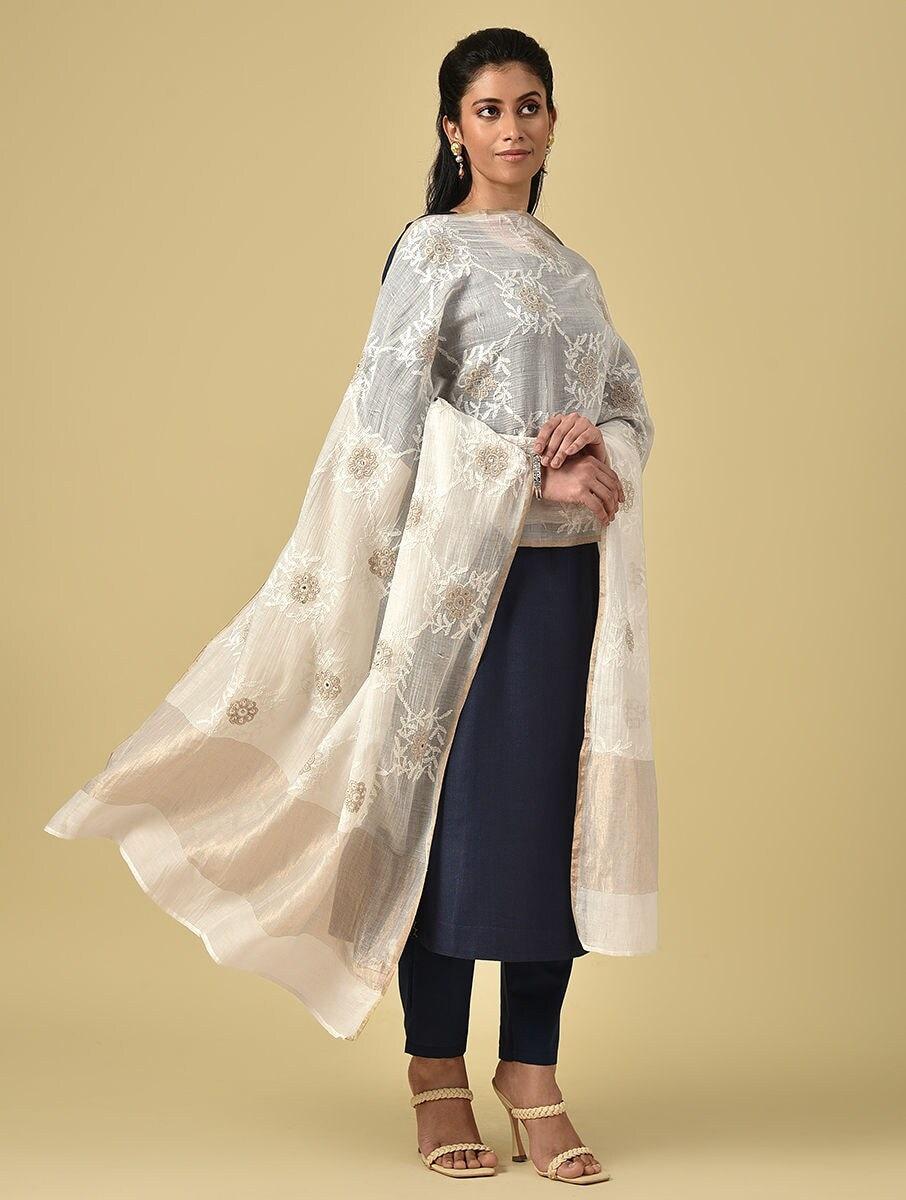 women natural white cotton silk chikankari dupatta