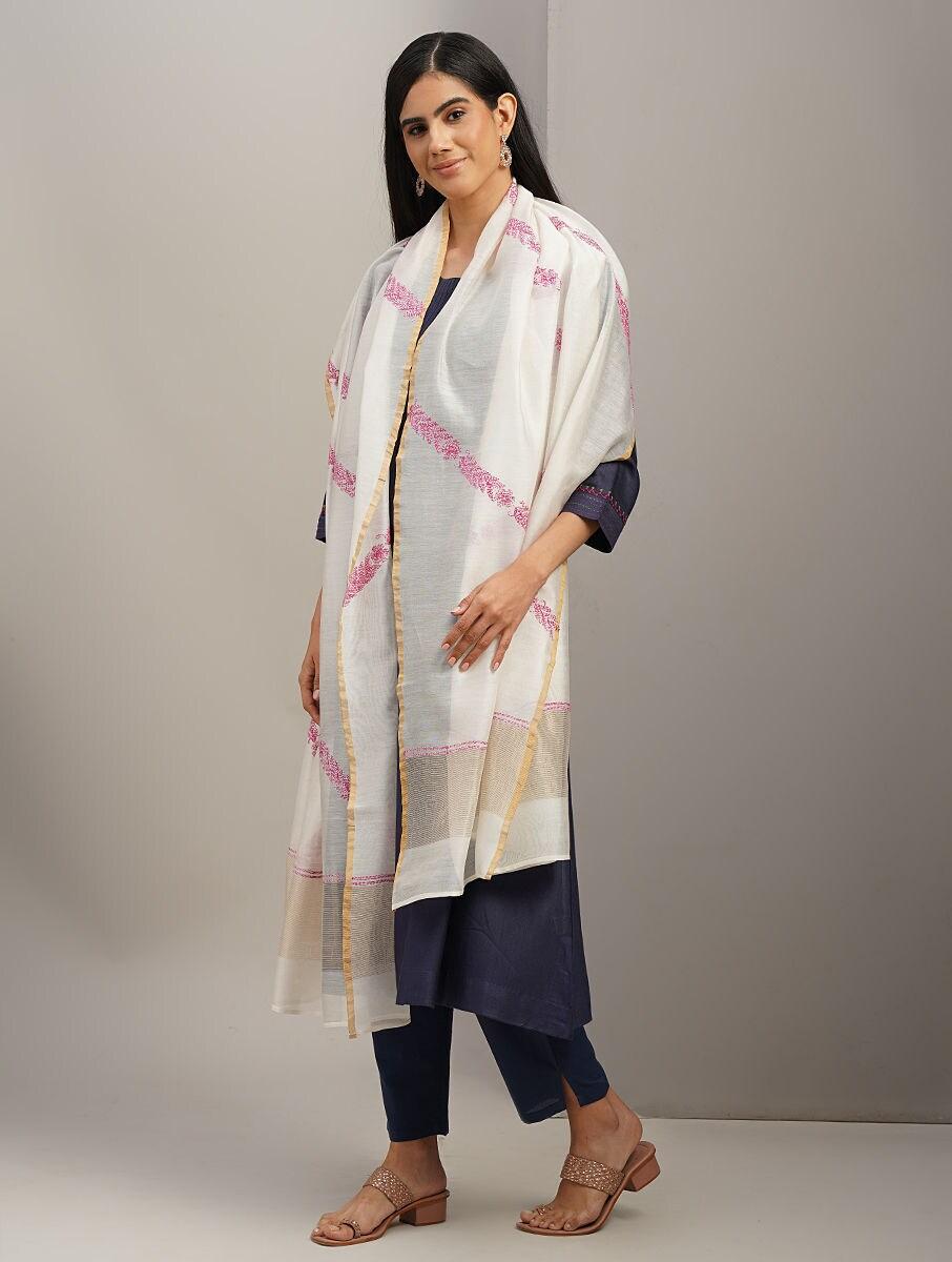 women natural white cotton silk chikankari dupatta