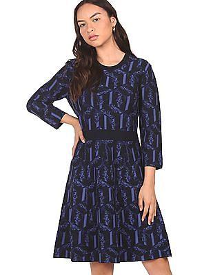 women navy abstract print fit and flare dress