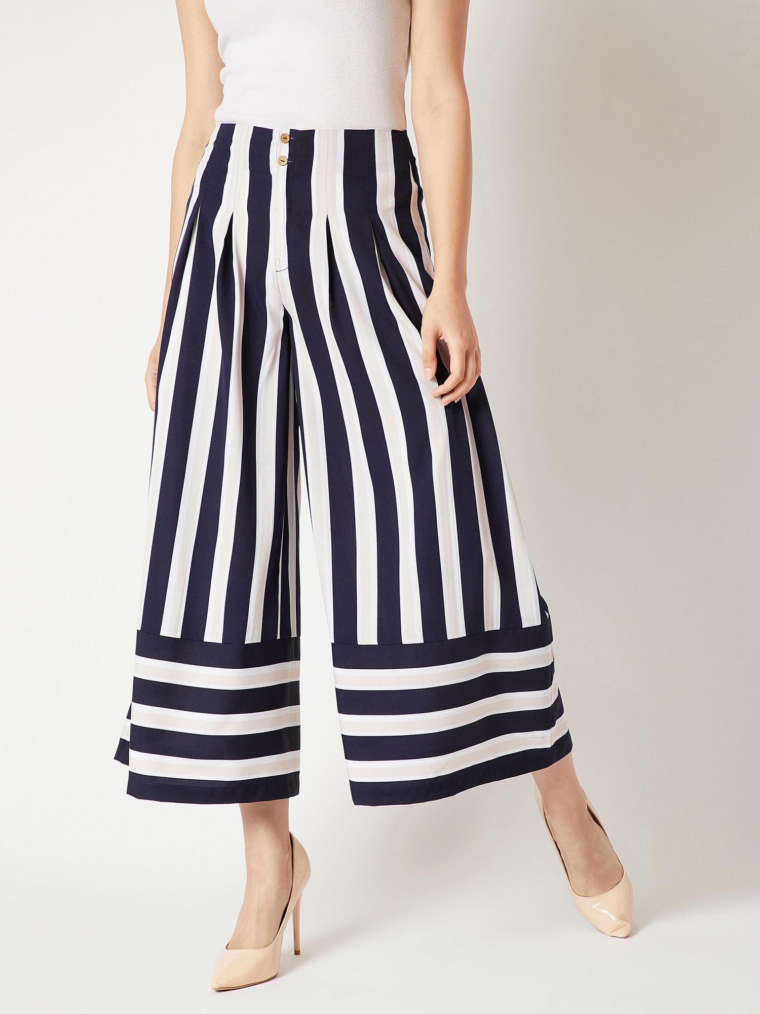 women navy blue & beige striped wide leg regular length pants