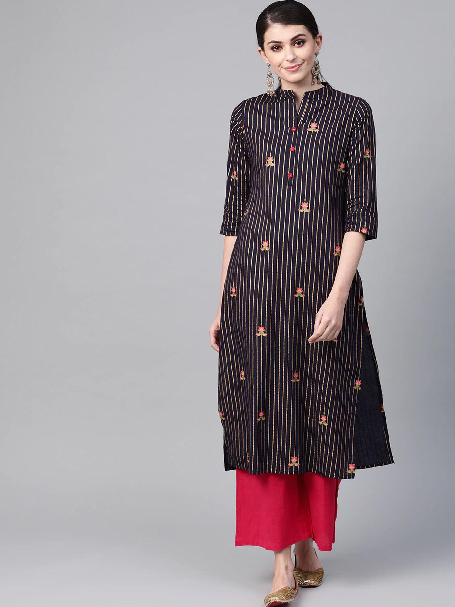 women navy blue & golden striped straight kurta