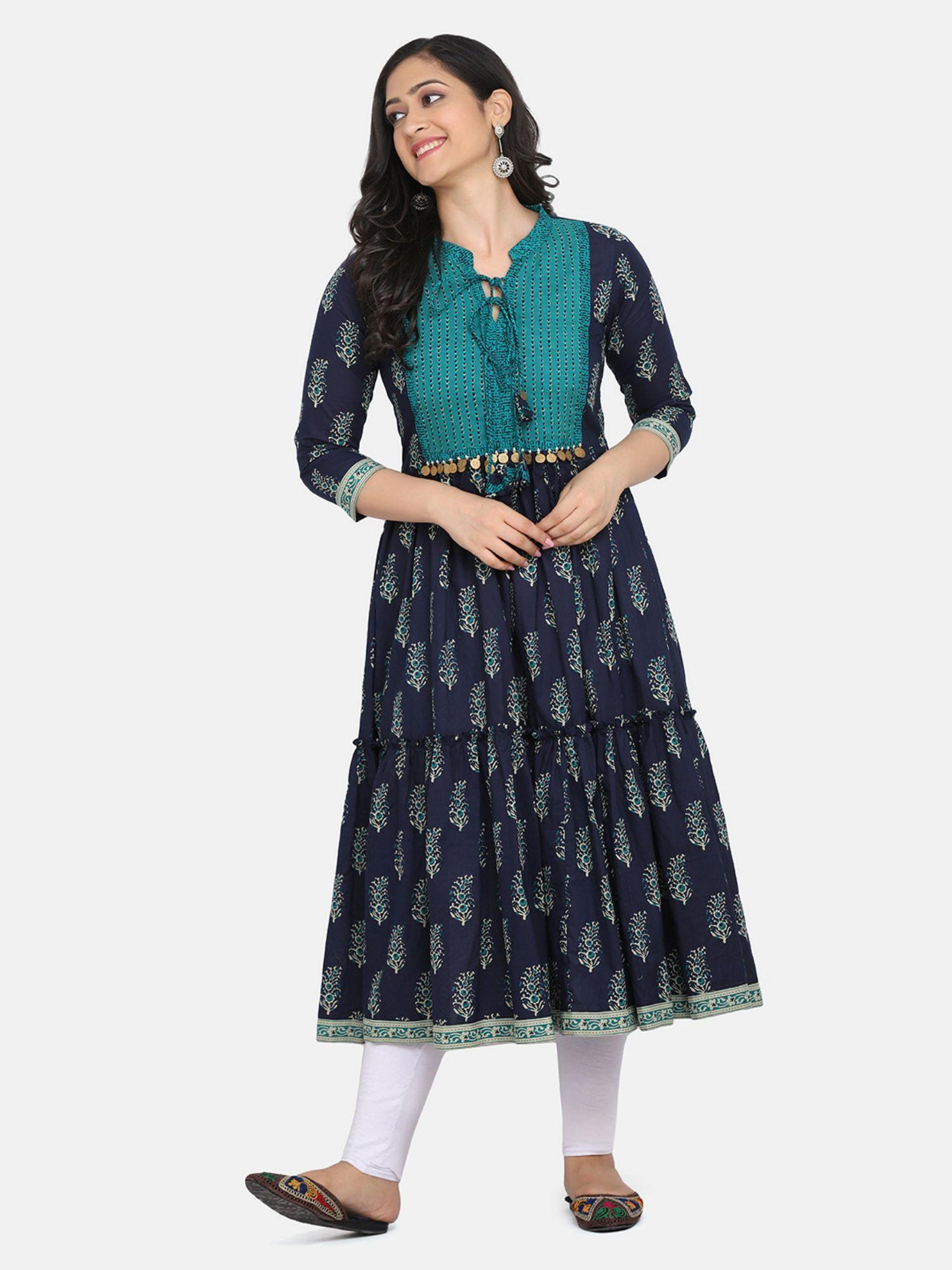 women navy blue & green flared cotton kurta