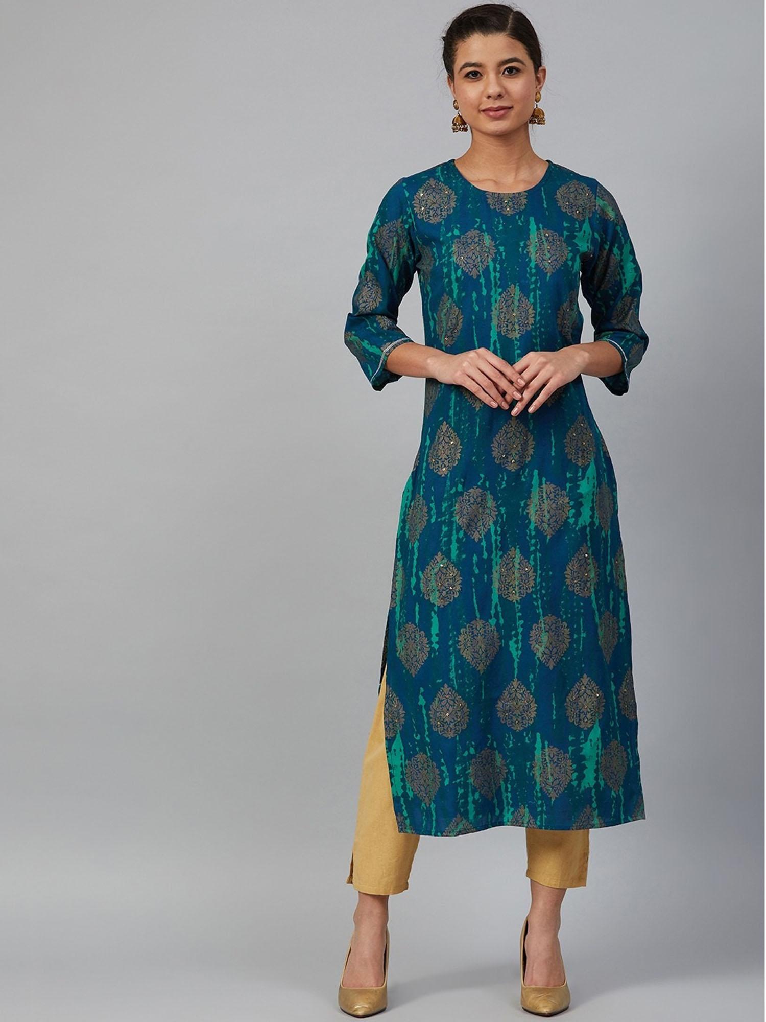 women navy blue & green printed straight kurta