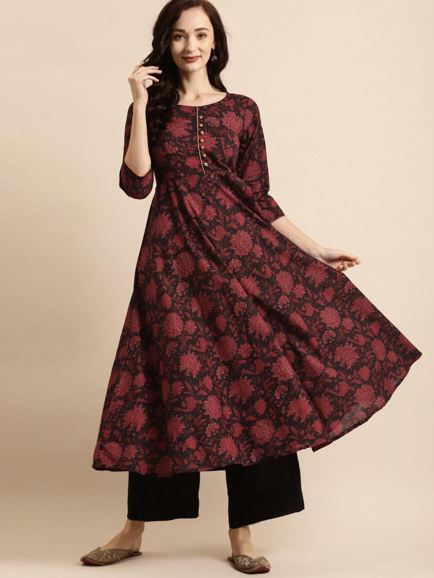 women navy blue & maroon cotton floral print a-line kurta