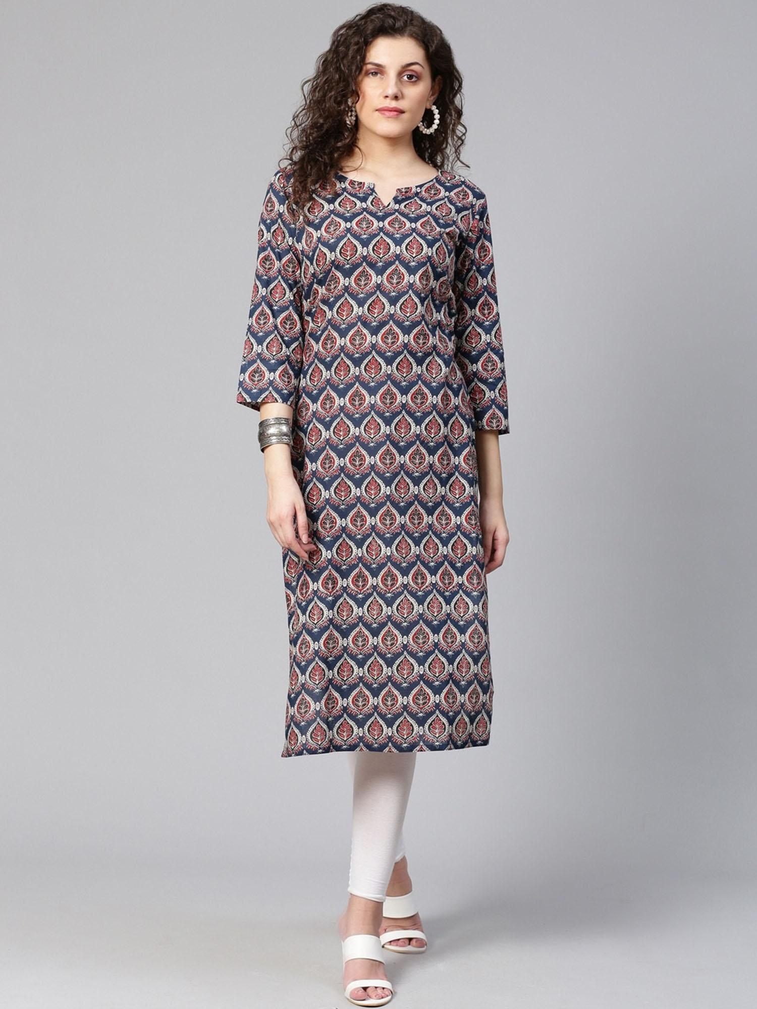 women navy blue & maroon printed straight kurta