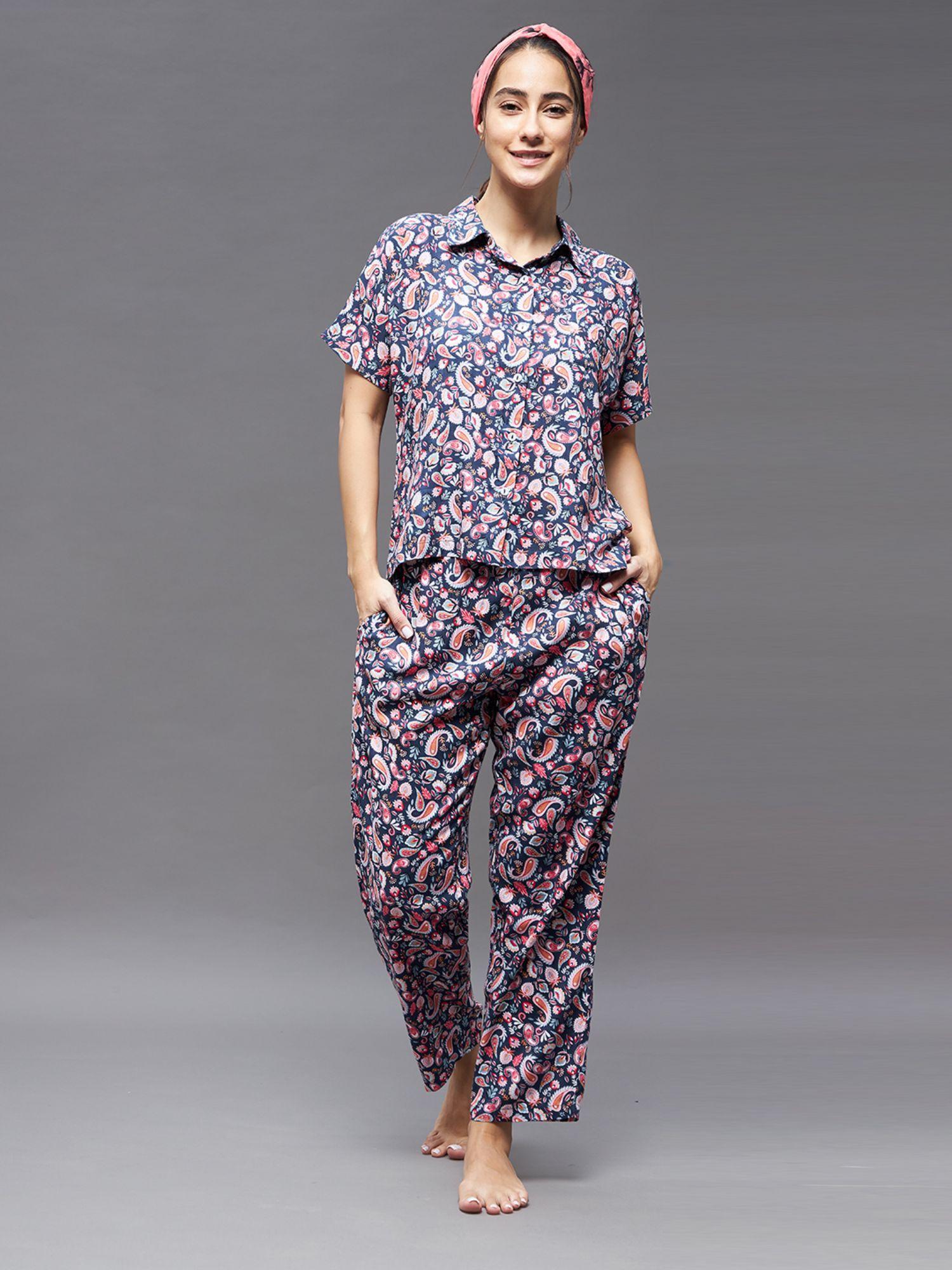 women navy blue & pink collar neck short sleeve printed regular top & pajama set