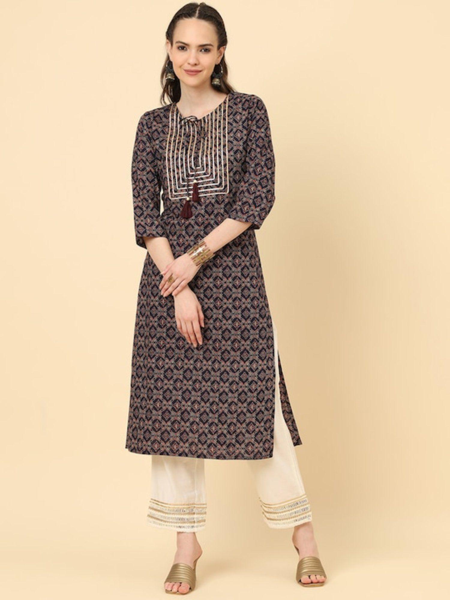 women navy blue ajrak printed straight kurta