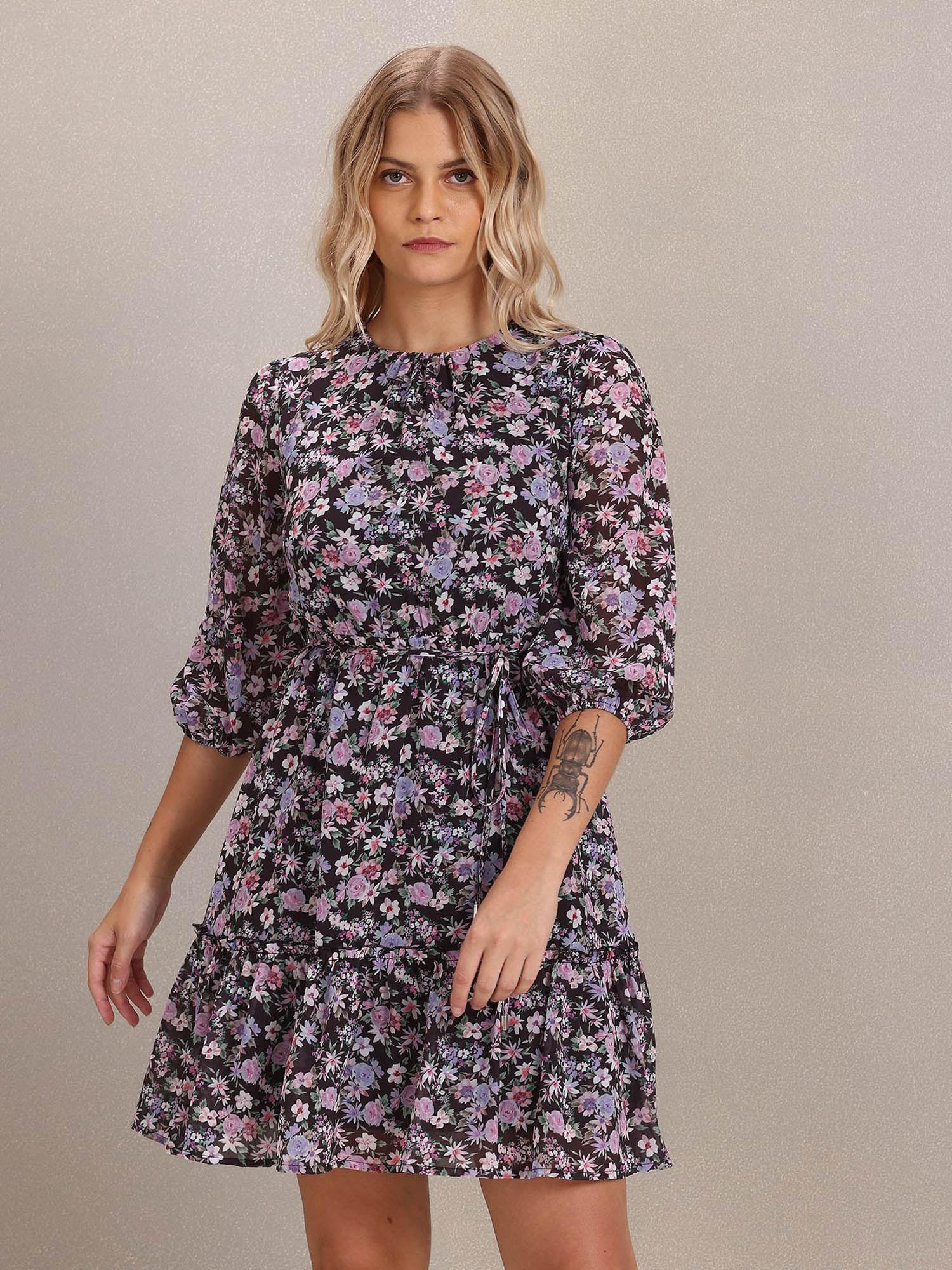 women navy blue and pink floral print tiered skater dress