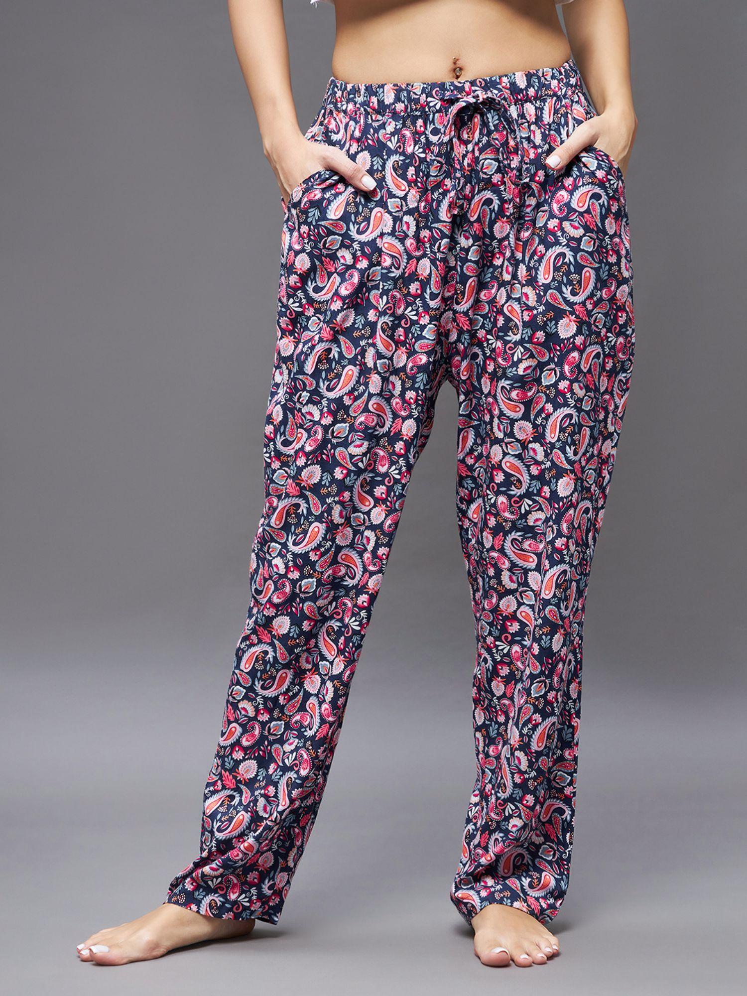 women navy blue and pink printed tie-up waist regular pajama