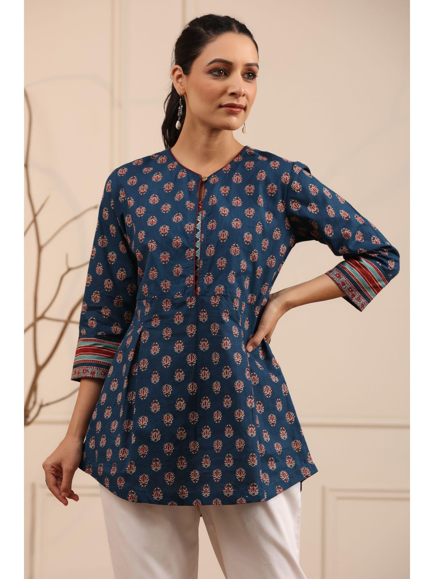 women navy blue and red ethnic motifs printed pure cotton a-line kurtis