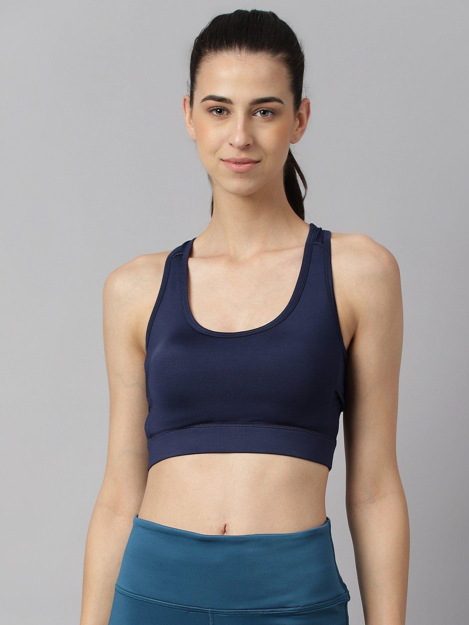 women navy blue anti static slim fit high impact sports bra