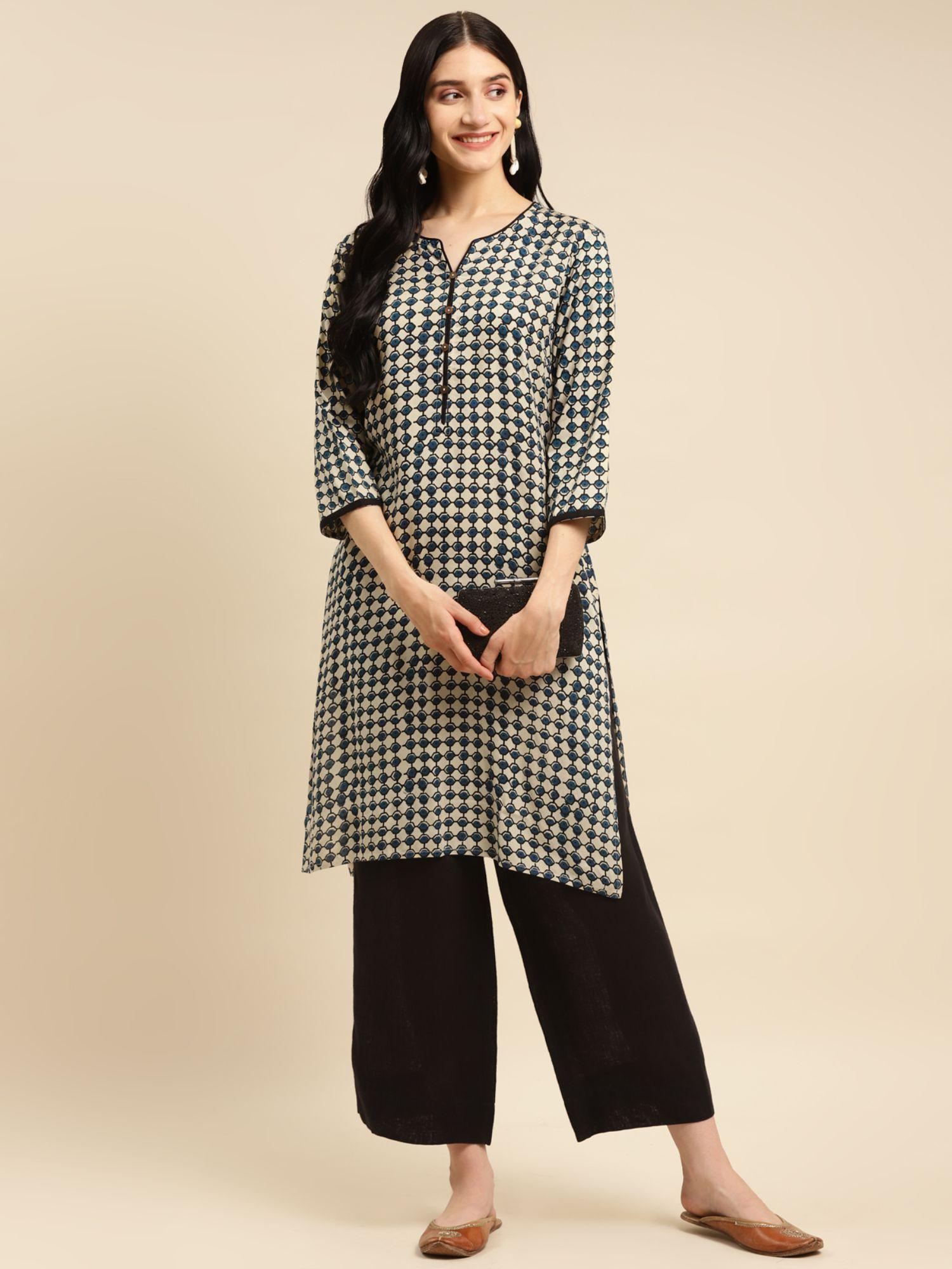 women navy blue bagru printed knee length straight kurta