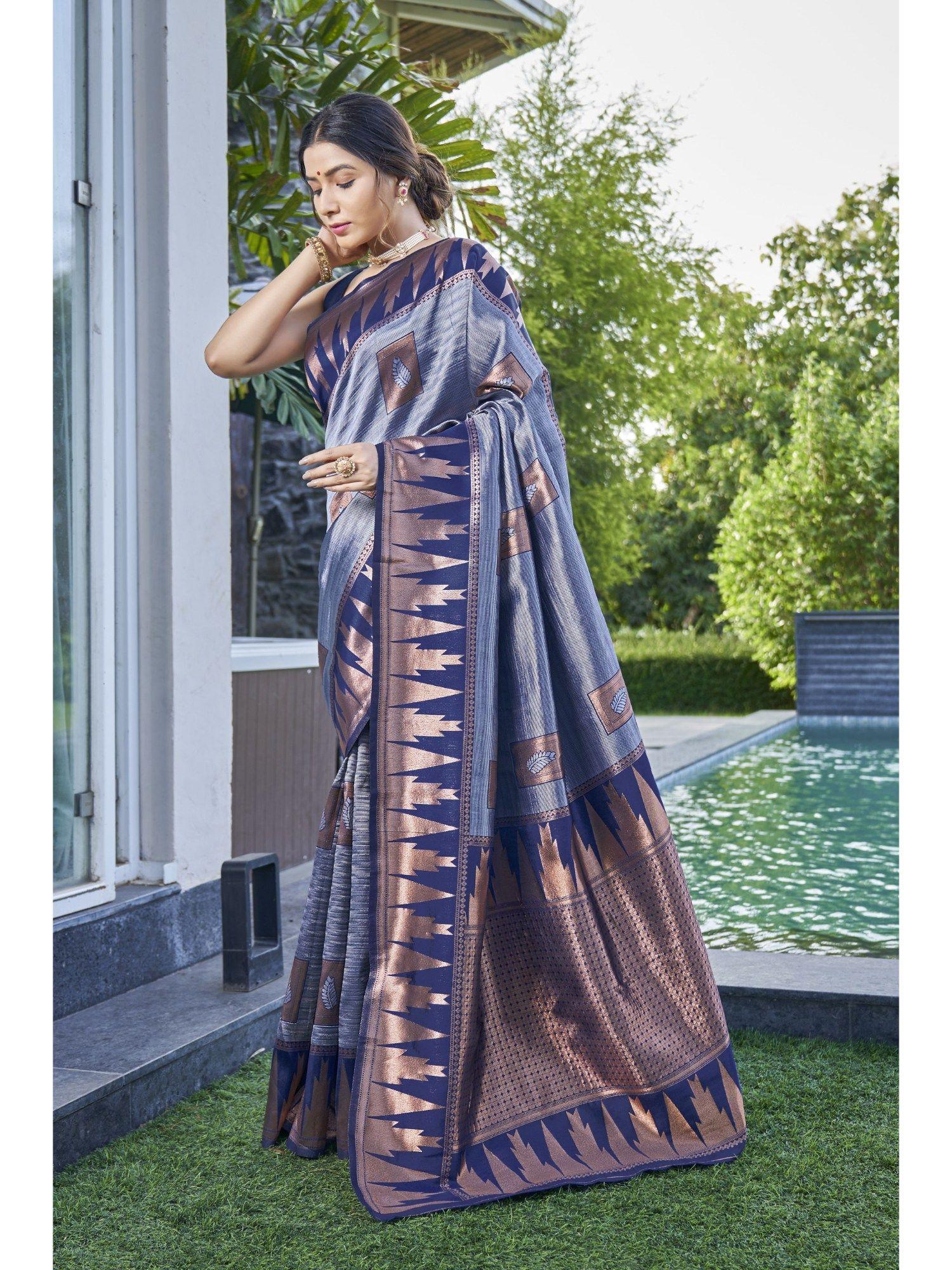 women navy blue banarasi silk zari woven saree with unstitched blouse