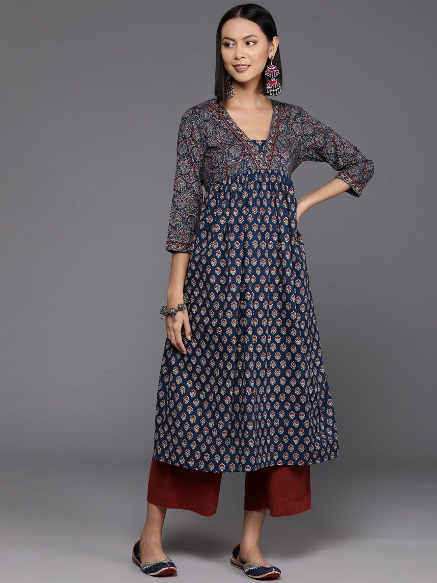 women navy blue bandez printed anarkali kurta