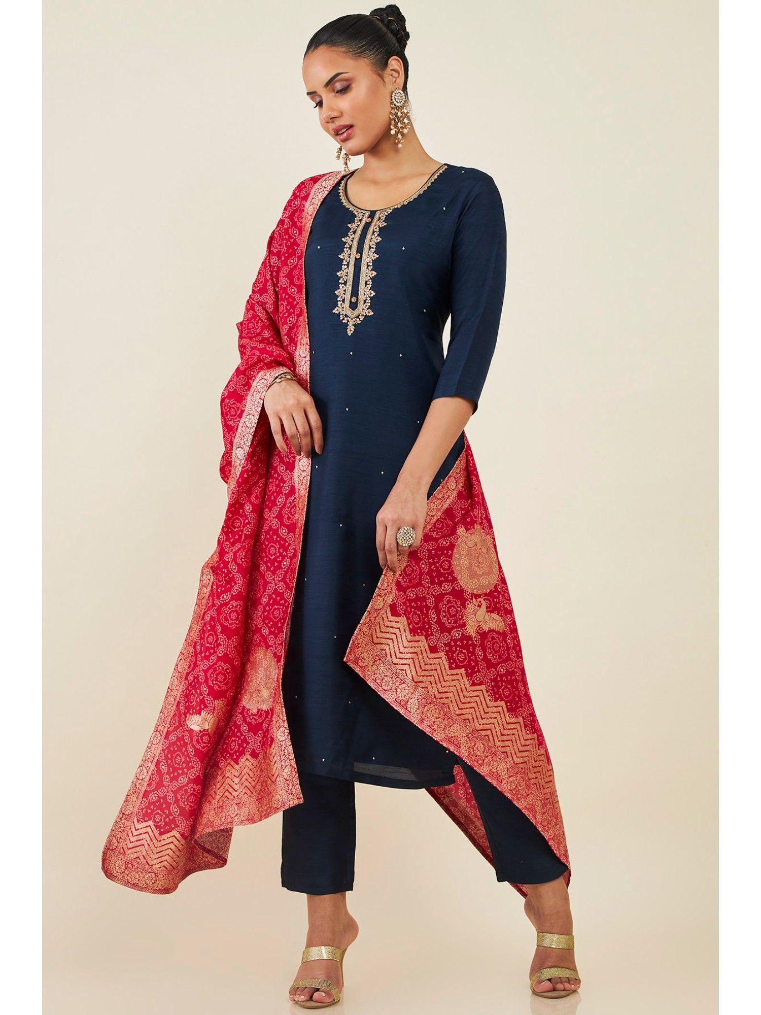 women navy blue blended fabric embroidered suit (set of 3)