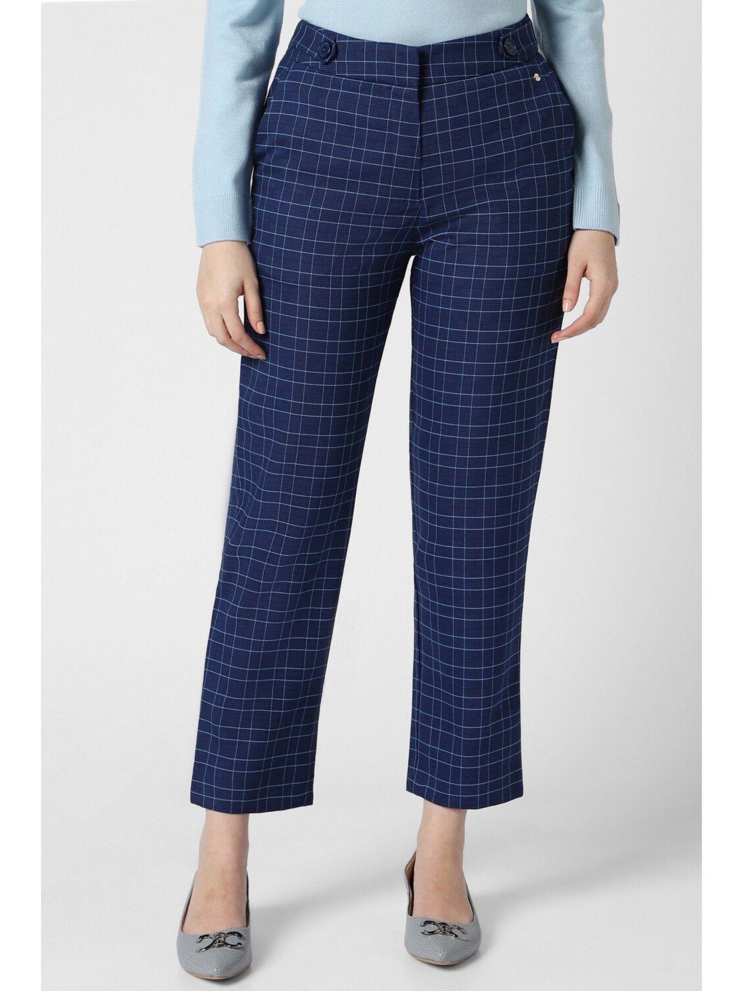 women navy blue check formal regular fit trousers