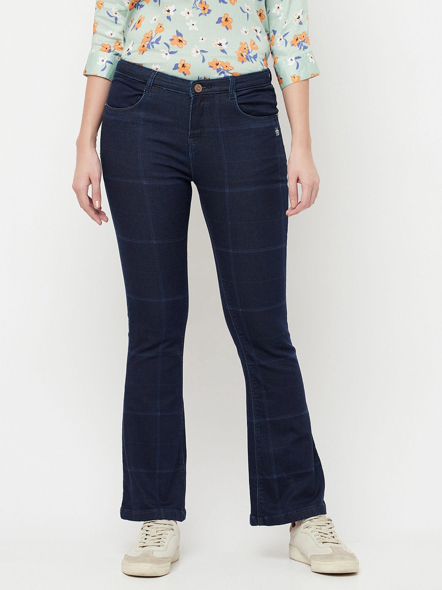 women navy blue checks boot cut jeans