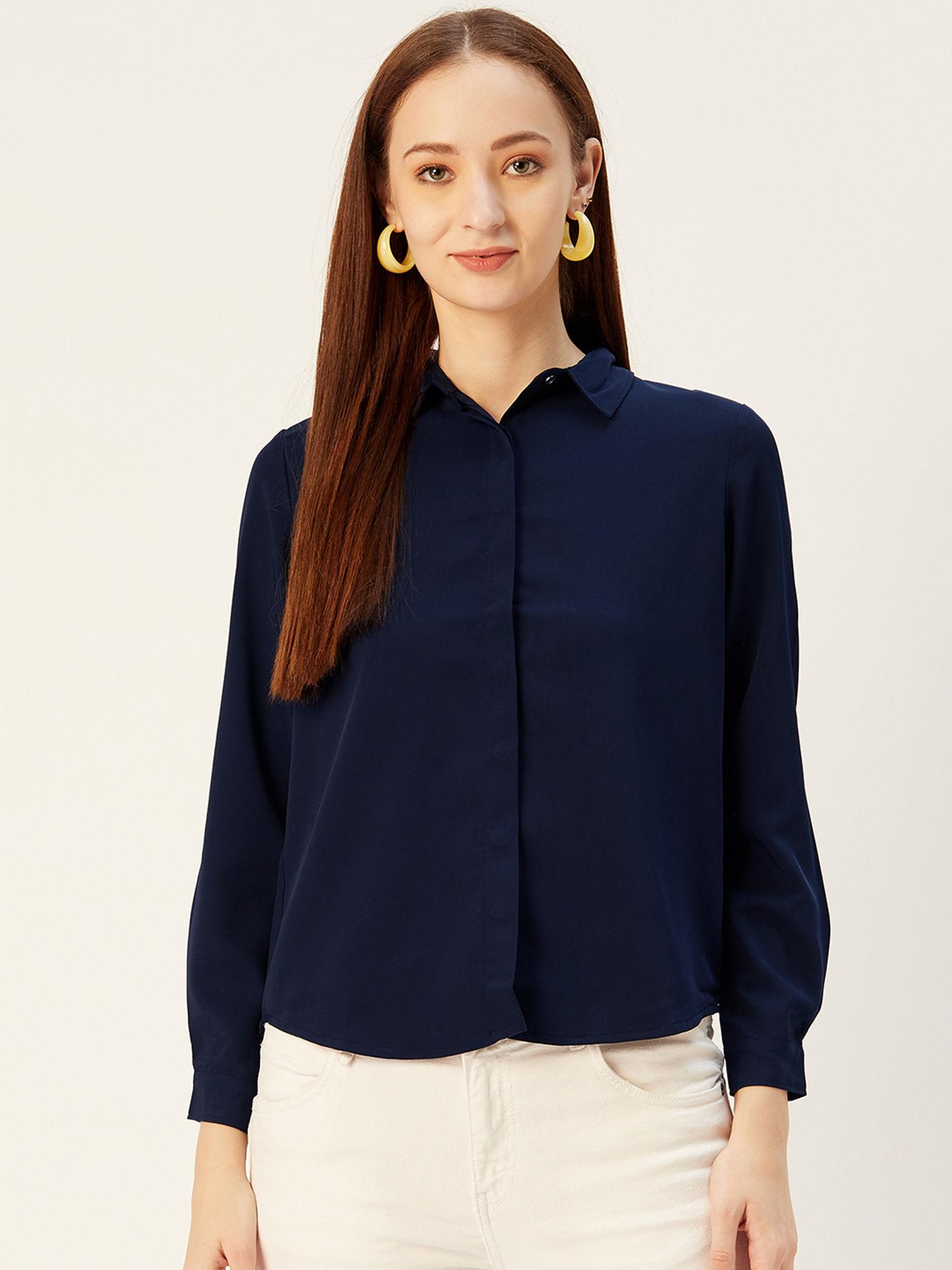 women navy blue classic slim fit solid casual shirt