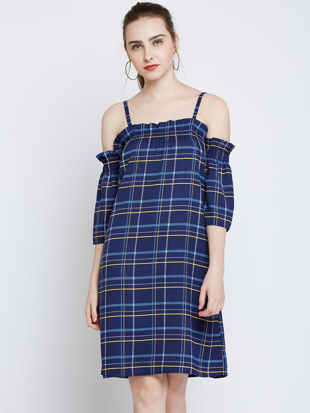 women navy blue colour knee length checked dress