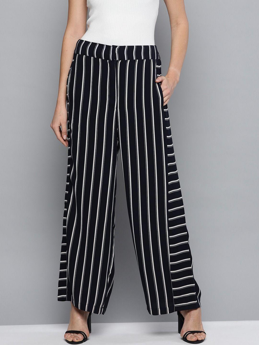 women navy blue colour striped flat front regular trouser