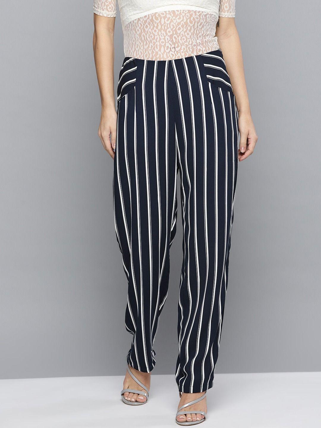 women navy blue colour striped regular trouser