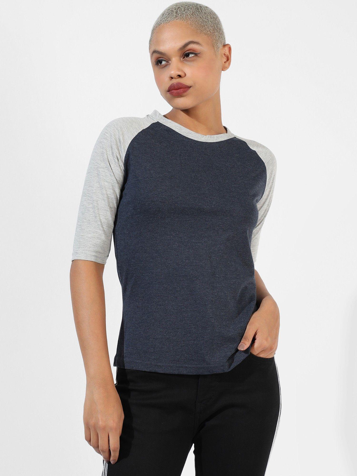 women navy blue colourblockeded regular fit top