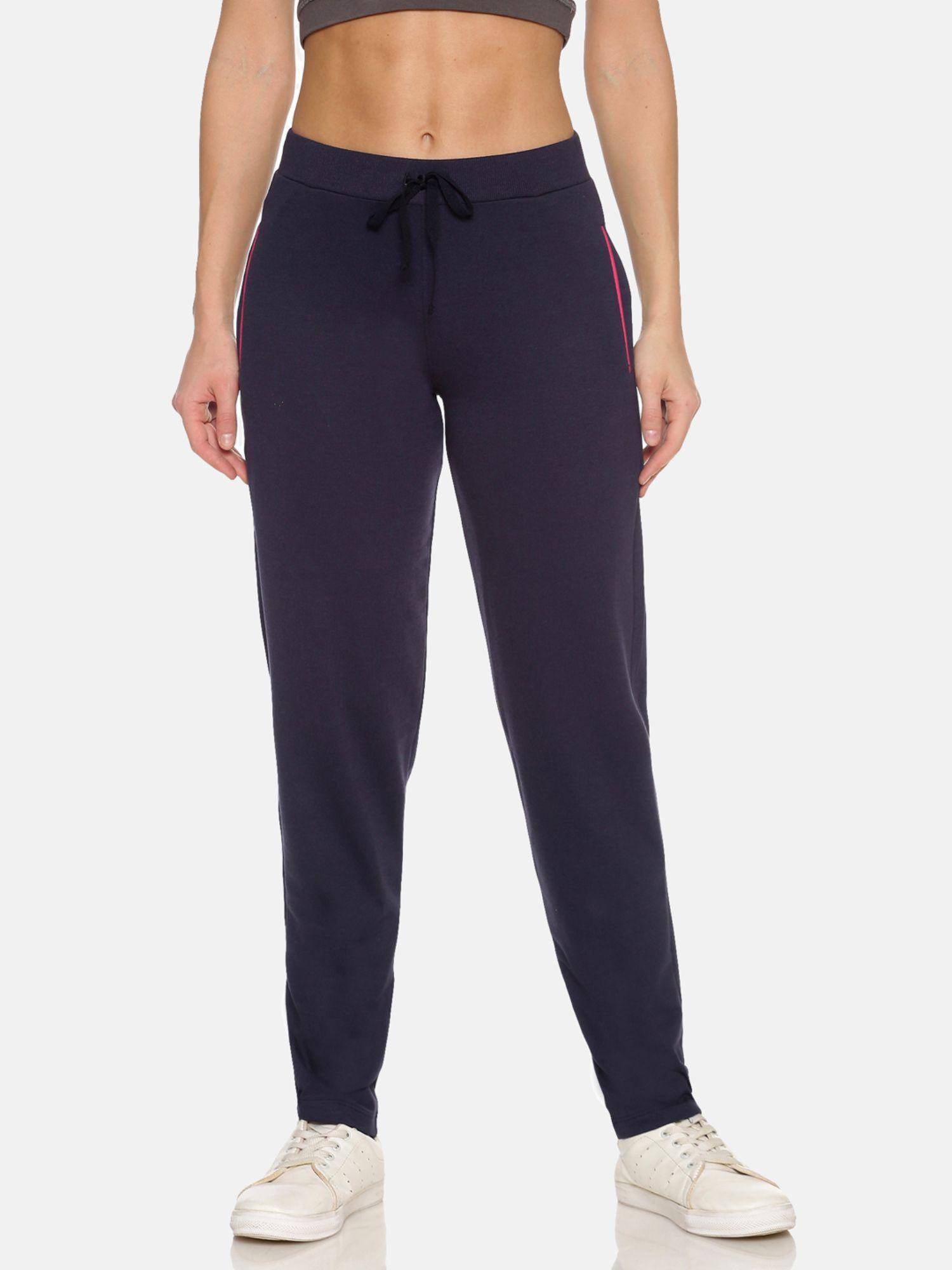 women navy blue coloured solid slim fit track pant