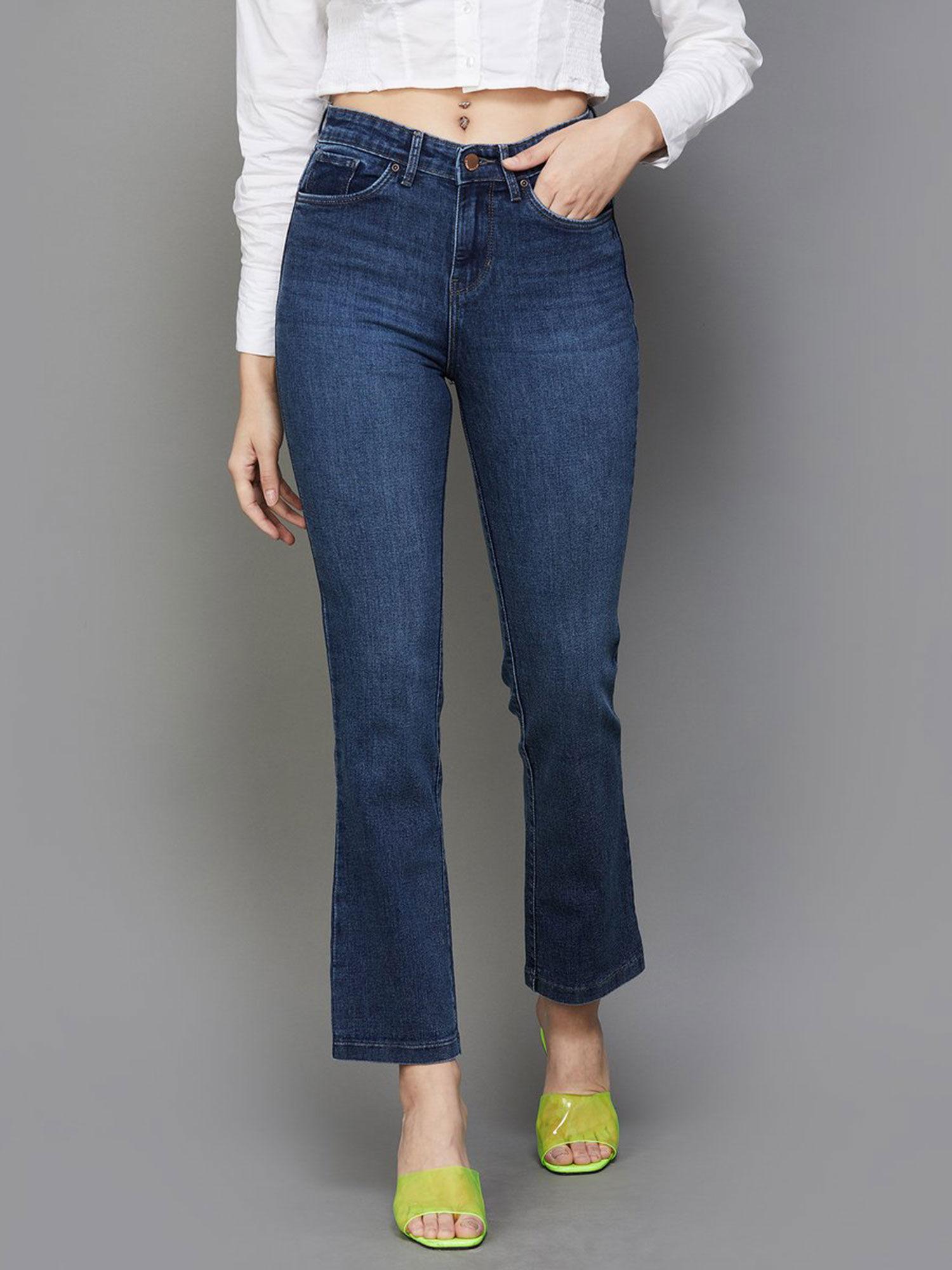 women navy blue comfort bootcut high-rise stretchable jeans