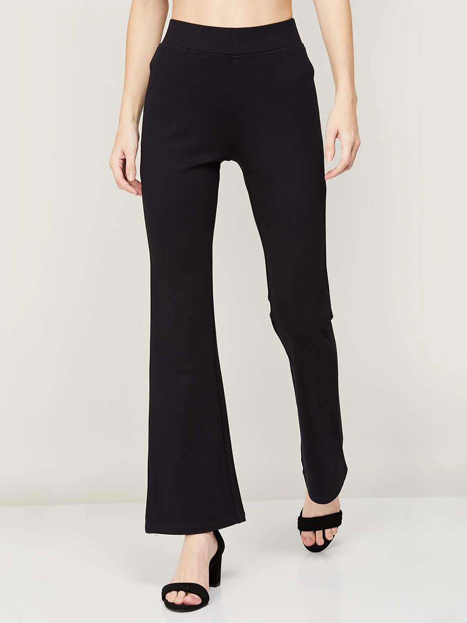 women navy blue comfort flared high-rise trousers