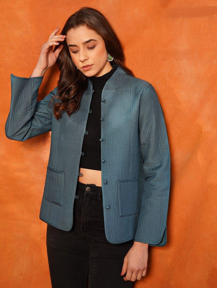 women navy blue cotton mandarin collar regular fit jacket