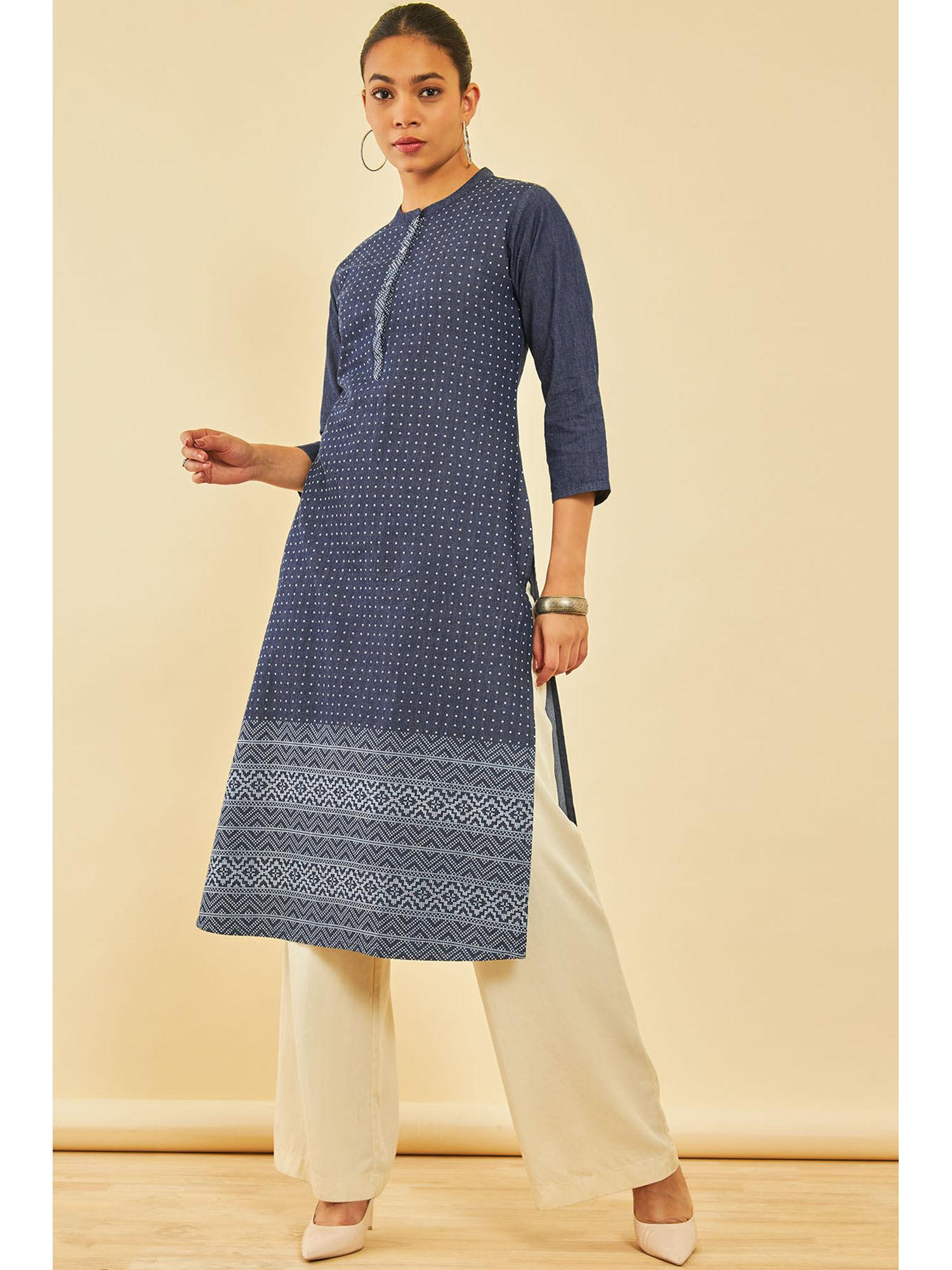 women navy blue cotton polka dots kurta