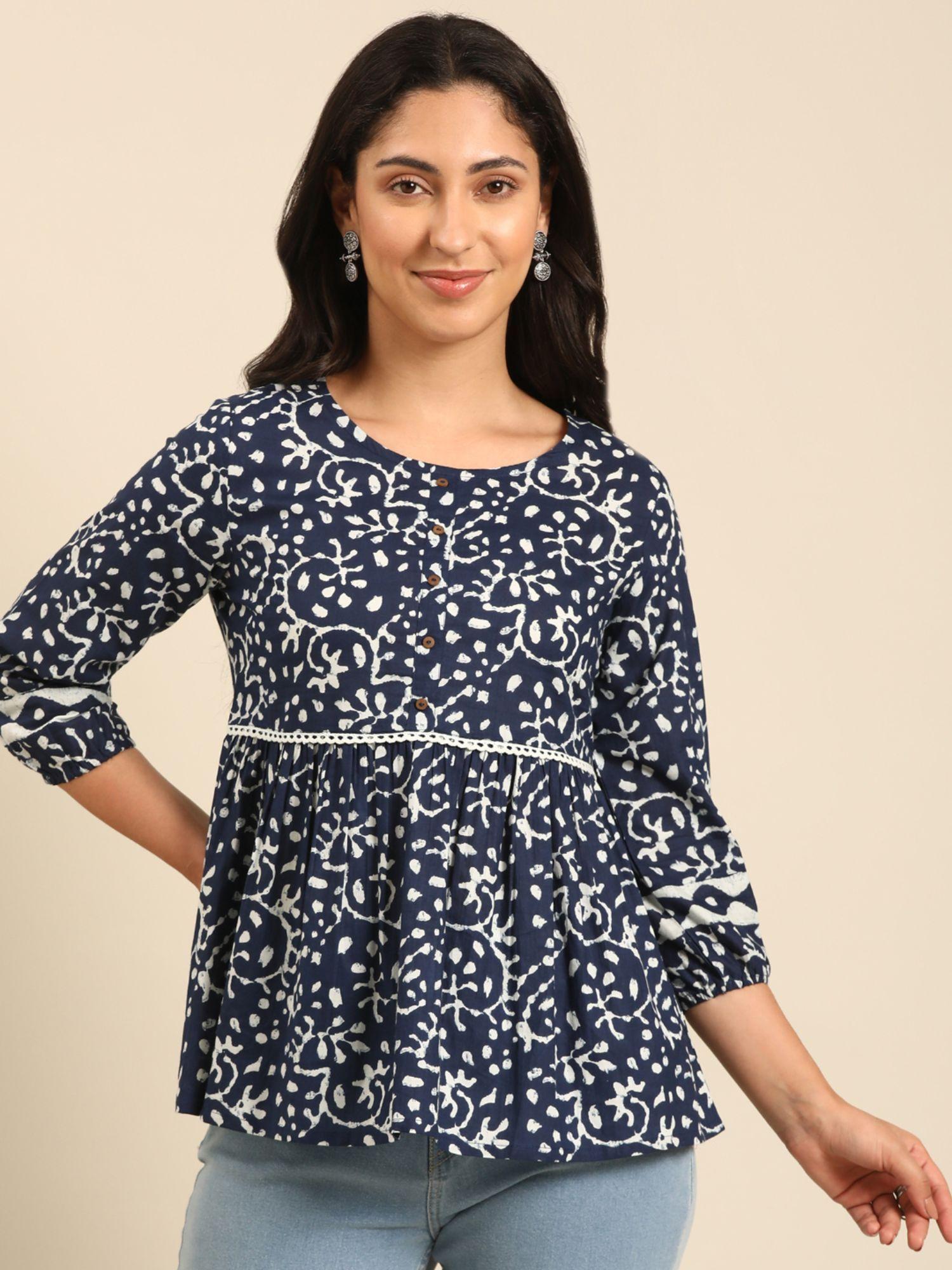 women navy blue cotton printed top