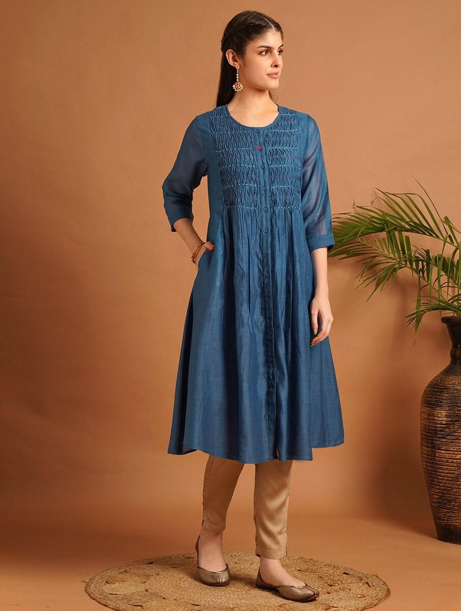 women navy blue cotton silk solid round neck flared kurta