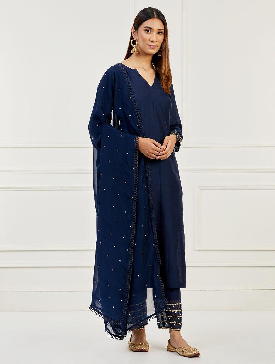 women navy blue cotton silk v neck straight kurta , pant & dupatta