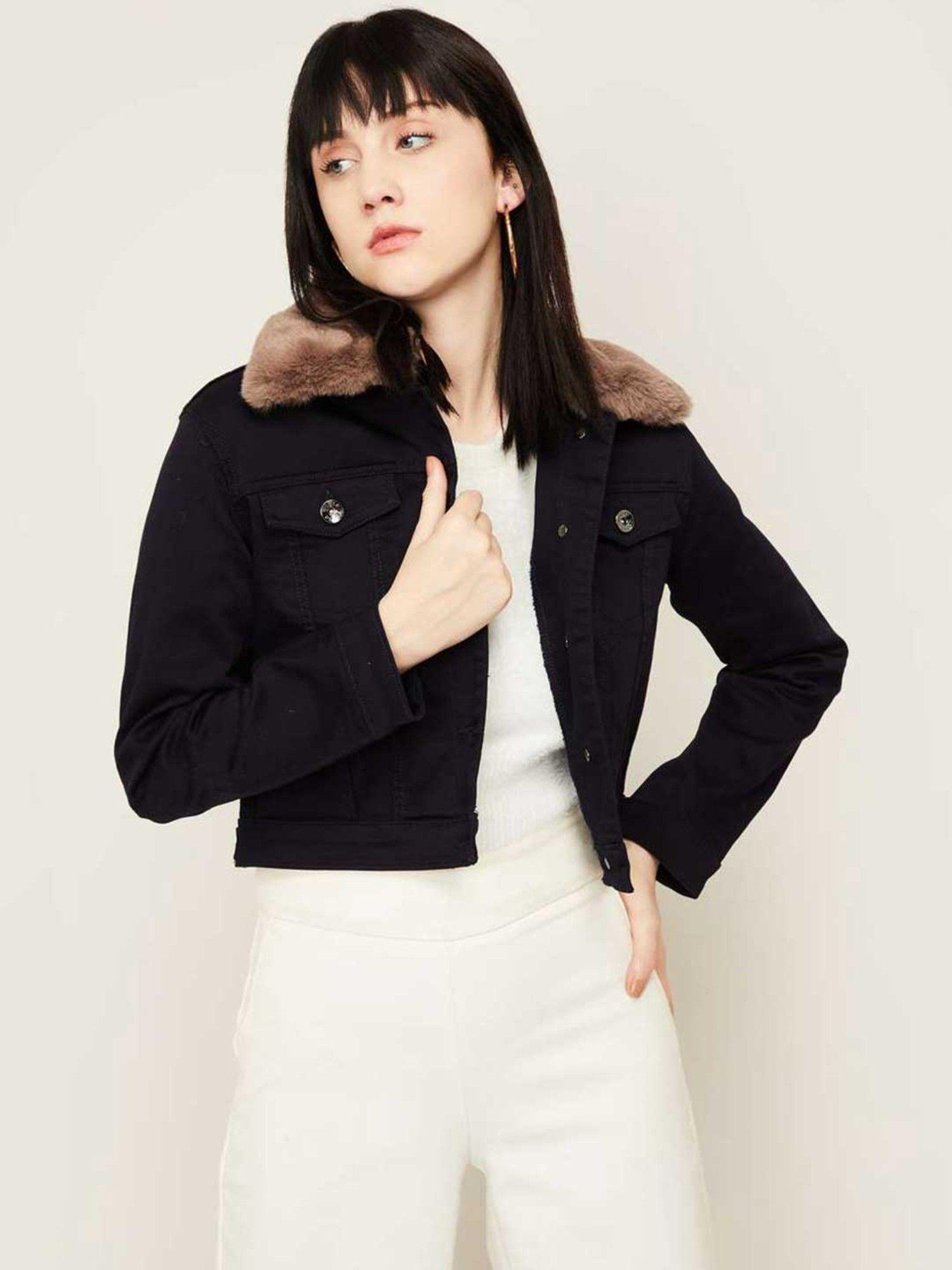 women navy blue crop fur jacket