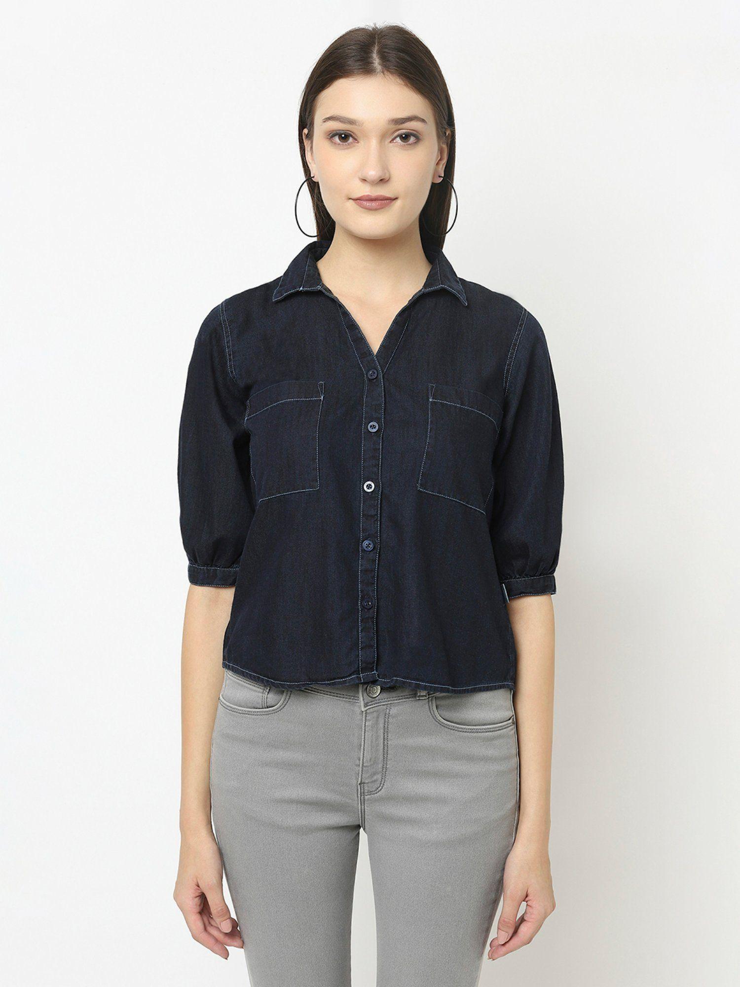 women navy blue denim crop shirt with patch pocket detail