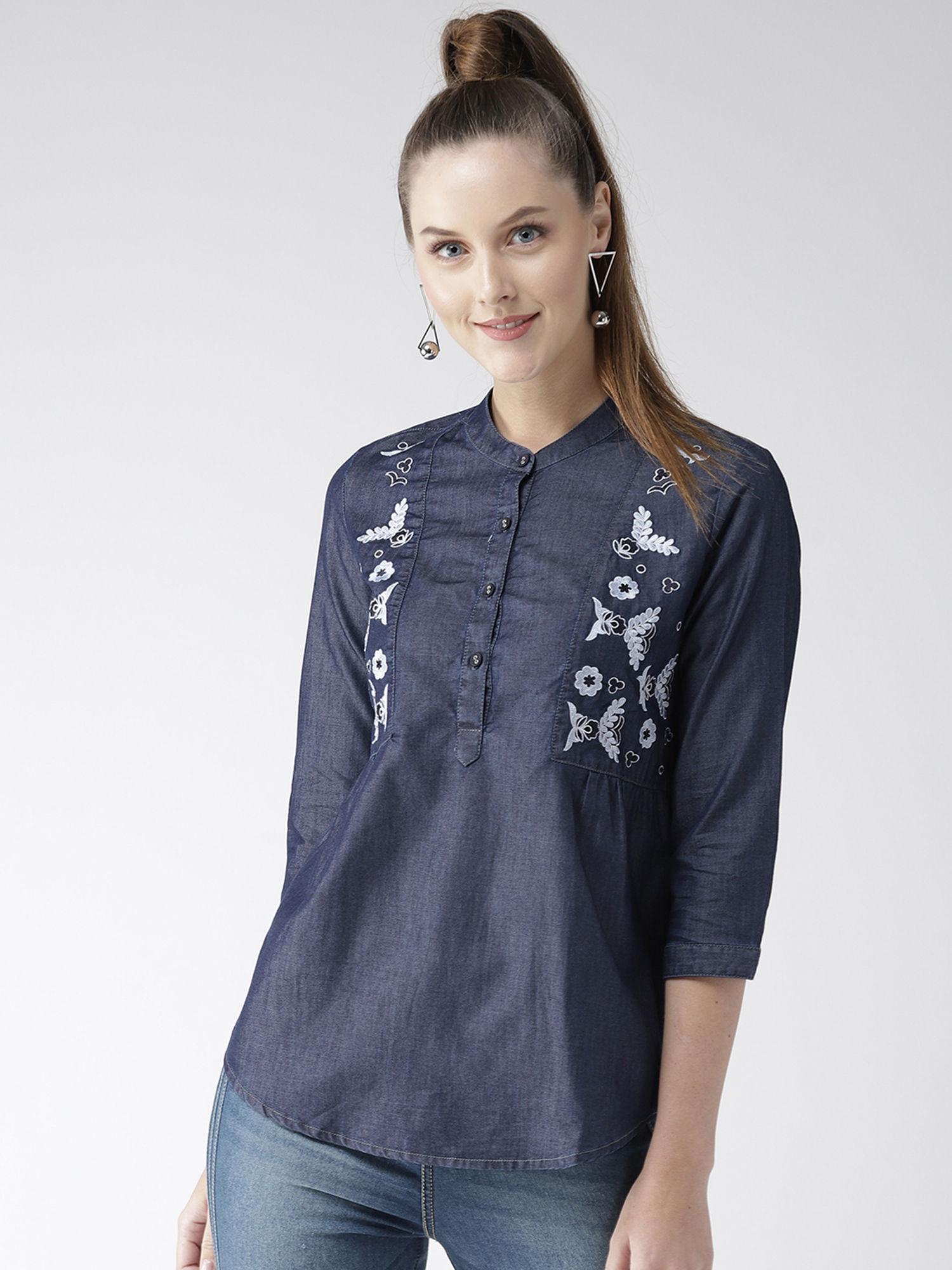 women navy blue denim embroidered detail shirt style pure cotton top