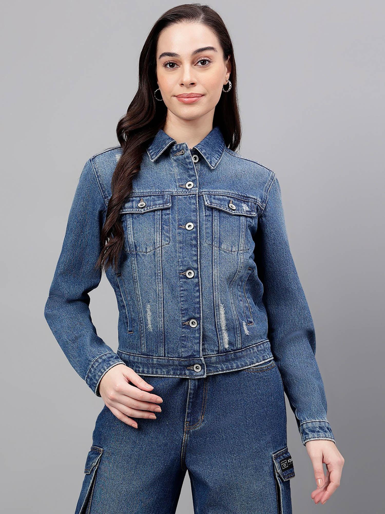 women navy blue denim spread collar jacket