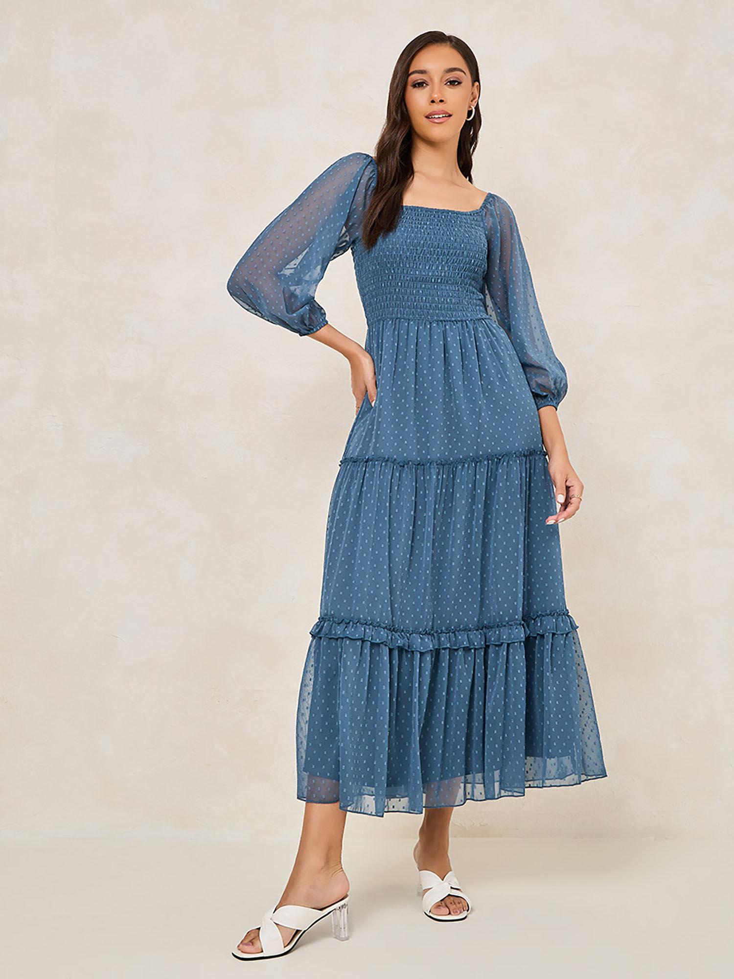 women navy blue dobby square neck tiered maxi dress