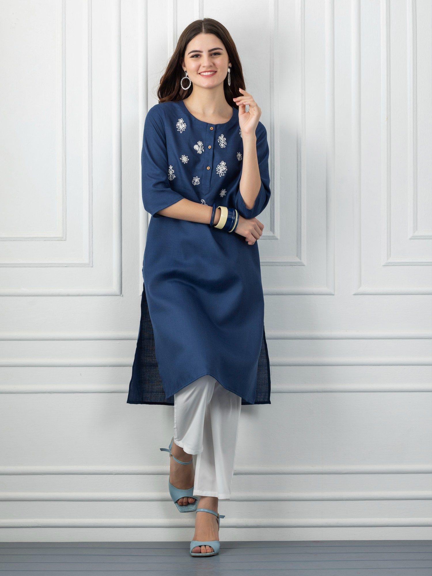 women navy blue embroidered ethnic kurta