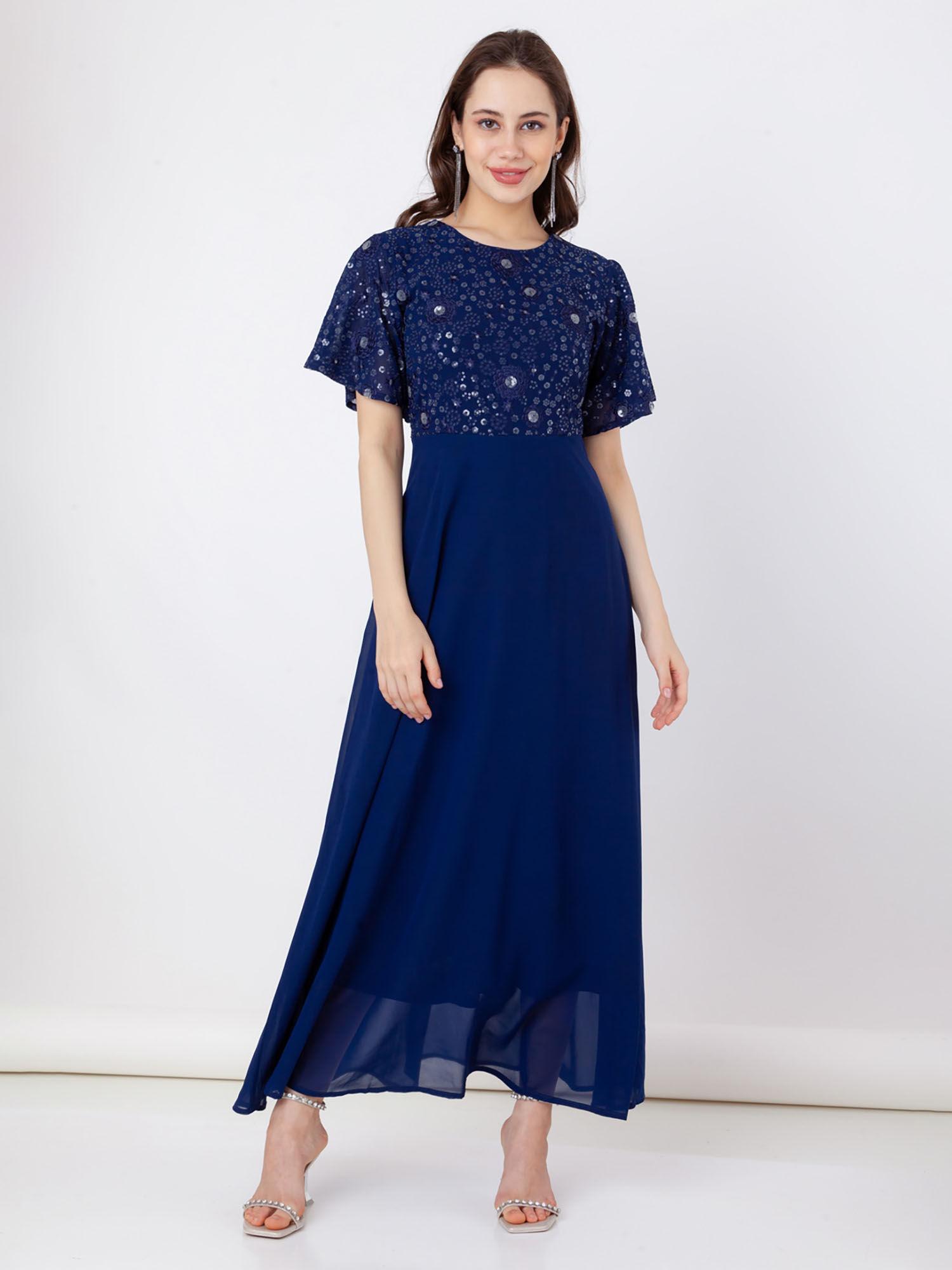 women navy blue embroidered maxi dress