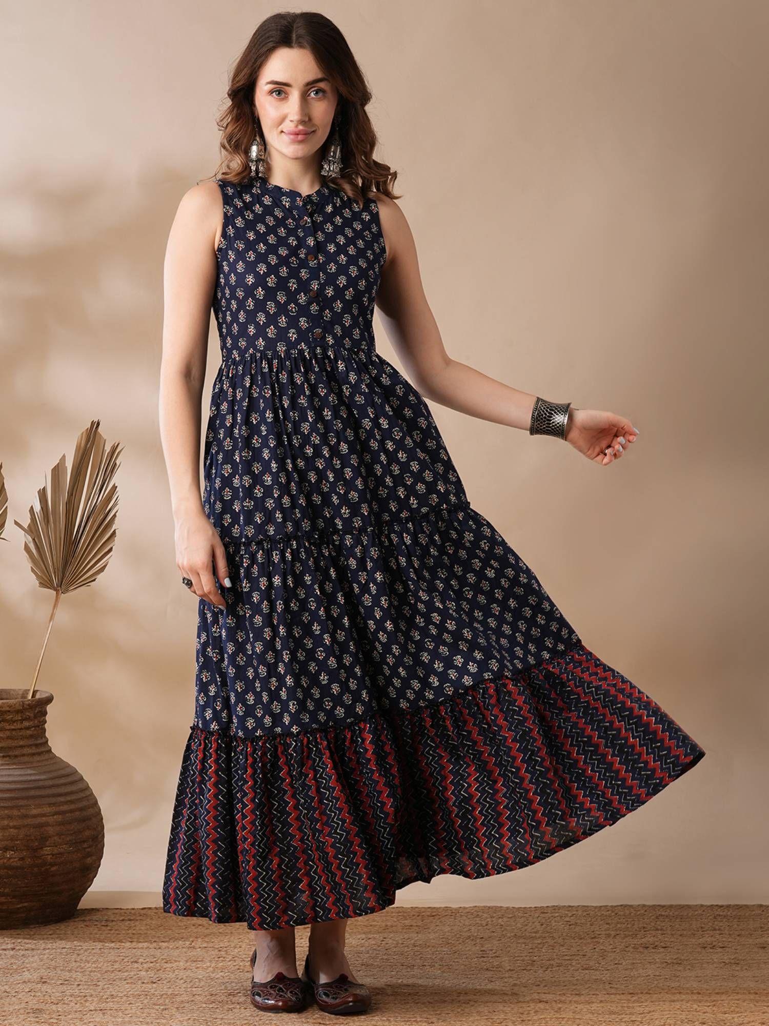 women navy blue ethnic block mandarin collar flared hem tiered maxi dress