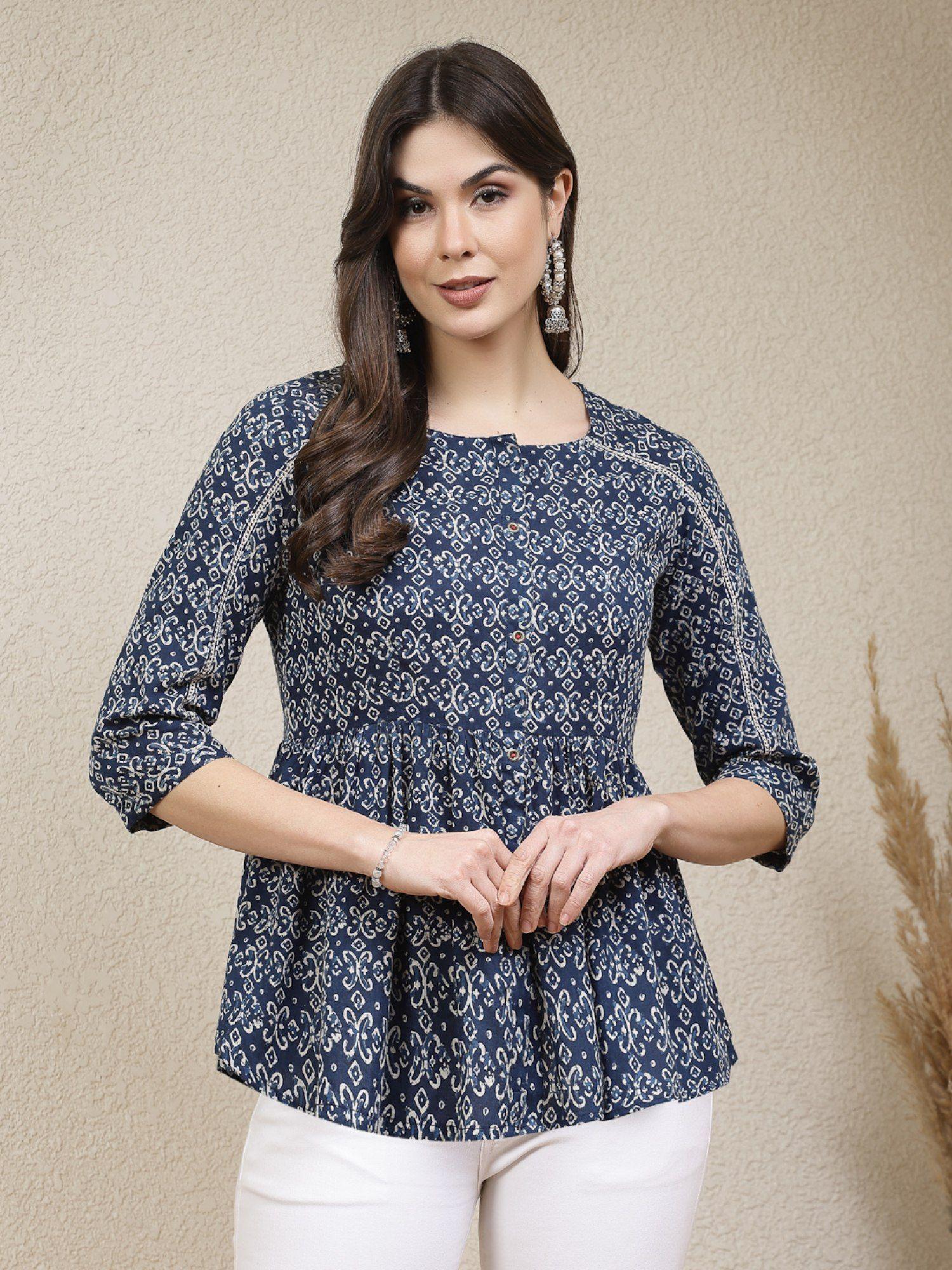 women navy blue ethnic motif printed cotton peplum top